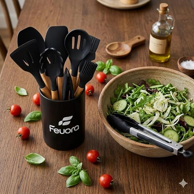 33PCS Silicone Kitchen Utensil Set, Heat Resistant Nonstick Cooking Utensils with Wooden Handles, BPA-Free Kitchen Tools Set (Black)