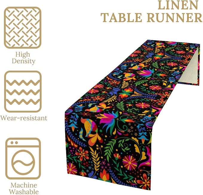 Mexican Table Runner, Vintage Colourful Art Minimalist Botanical Flower Birdie Table Decor Table Top Dining Kitchen Wedding Party 13x36 in