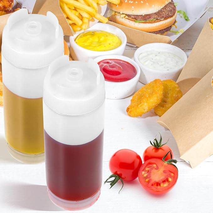Lemecima 4 Pcs Squeeze Bottles Refillable 20 oz, Inverted Plastic Tip Large Valve Dispenser Condiment Squeeze Bottle for Sauces Ketchup Sour Cream Self Sealing Syrup Dispenser for Restaurants
