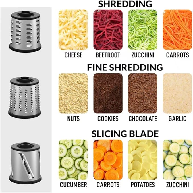 Rotary Cheese Grater 3-in-1 and Shredder with Hand Crank - for Cheese, Vegetables & Nuts, Non-Slip Suction Cup Base, Food Grade, Black