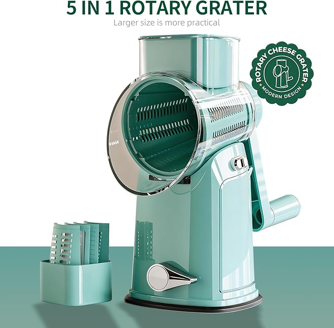 The CoveCarol rotary cheese grater comes with 5 blades and 3 tools: a round mandolin slicer and a food shredder. Suitable for fruits, vegetables, nuts, etc., it includes a blade storage box. (Green)