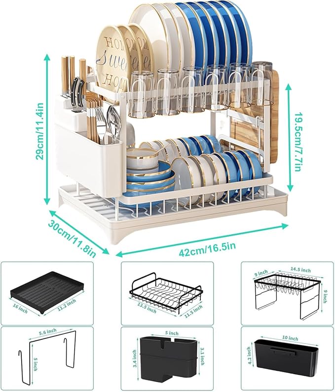 2 Tier Dish Drying Rack, Small Dish Rack for Kitchen Counter, Detachable Capacity Dish Drainer Organizer with Cutlery & Cup Holder (White)