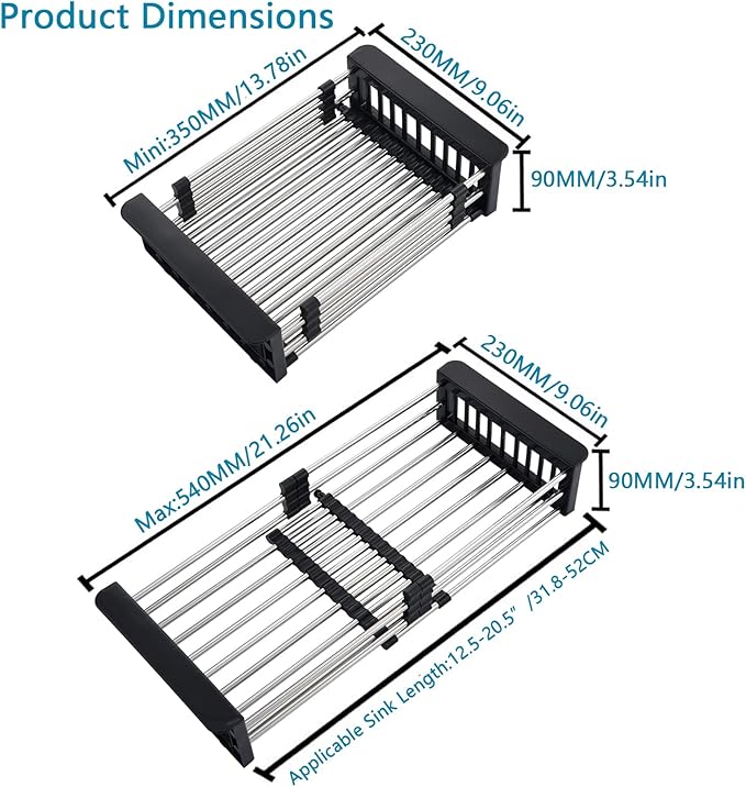 Dish Drying Rack, Stainless Steel Dish Drainer with Adjustable Arms Holder Functional Kitchen Sink Organizer for Vegetable and Fruit, Black Large