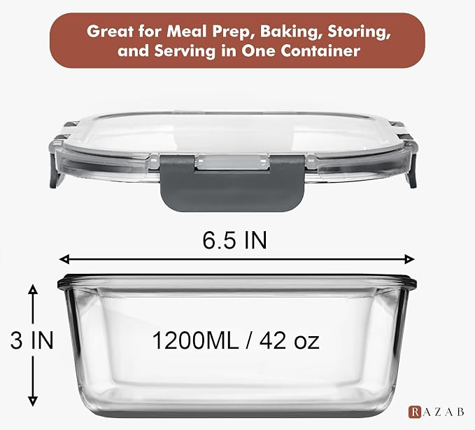 Razab 2 PC 1200ML / 41 Oz Glass Food Storage Containers with Lids - Airtight & Leakproof - Microwave/Oven/Freezer Safe - BPA Free - Ideal for Meal Prep, Storing Leftover & Lunch