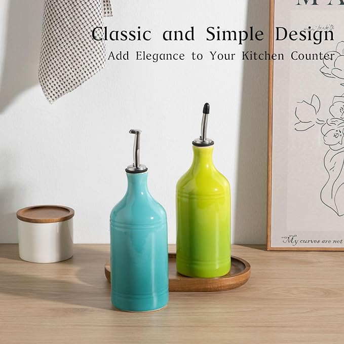 Sweejar Ceramic Olive Oil Dispenser Bottle Set, Opaque Oil Cruet Protects to Reduce Oxidation, Suitable For Storage Of Vinegar, Soy Sauce & Other Liquids,Pack of 2,15.5 Fl Oz（Gradient Blue & Green）