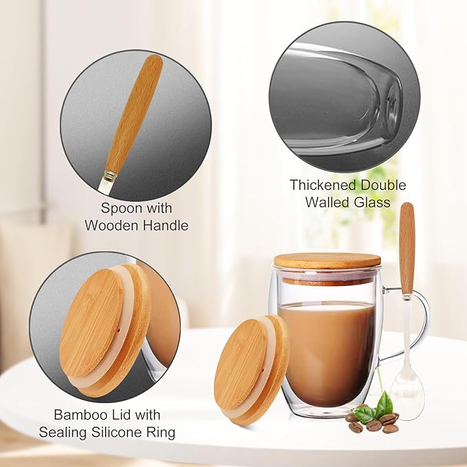 4 Pack 12oz Double Walled Glass Coffee Mugs with Bamboo Lid/Spoon, Clear Coffee Cups and Mugs Set of 4, Cappuccino Latte Glasses Cups, Espresso Mug Cups for Latte, Hot/Cold Drink