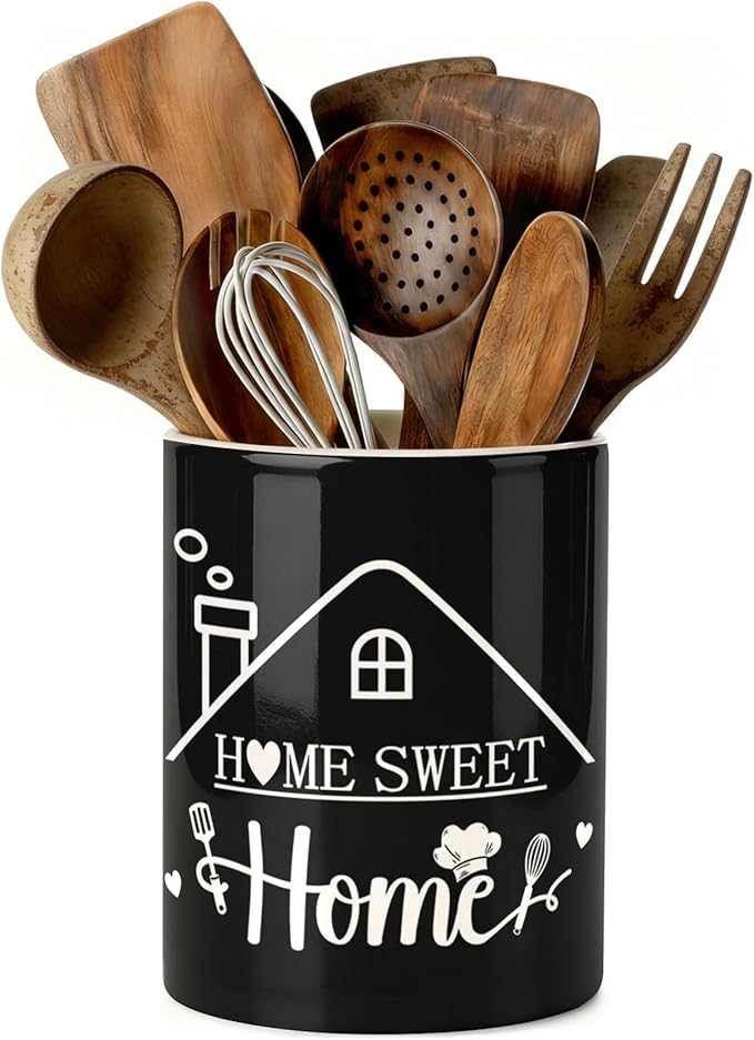 Black Kitchen Utensil Holder, Home Sweet Home Ceramic Utensil Holder , Cooking Utensil Crocks for Kitchen Countertop, Kitchen Decorations Rustic Farmhouse Decor