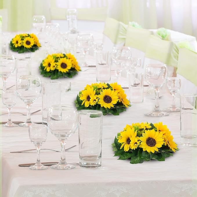 BLOSMON Sunflowers Artificial Flowers Ball - 10 Pcs Fake Yellow Sunflower Flowers CenterPieces Decoration for Wedding Table - Silk Kissing Floral Arrangements for Home Party Event DIY Decor | Wedding Table Decoration Artificial Floral Arrangements - Fa...