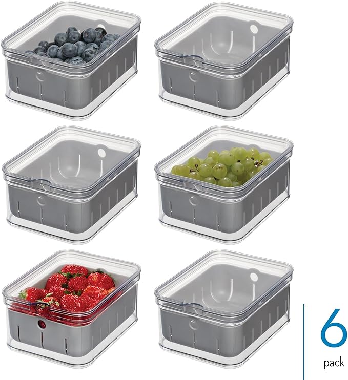 iDesign Small Fridge Berry Bin with Removable Colander Basket and Lid - Set of 6 - Clear/Gray