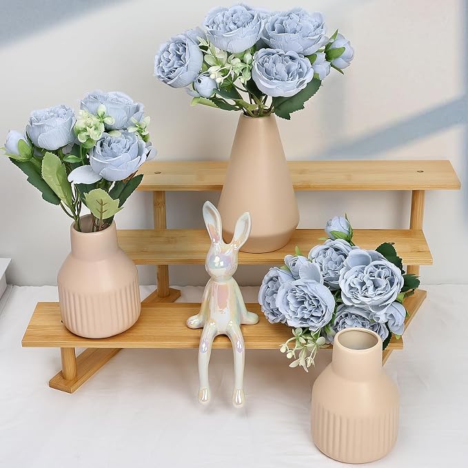 Flower Table Centerpiece - Dining Table Centerpiece Decor Set of 3 Fake Peonies in Ceramic Vases & Wood Tray Modern for Kitchen Island Living Room Coffee Table Home Decor (Blue)