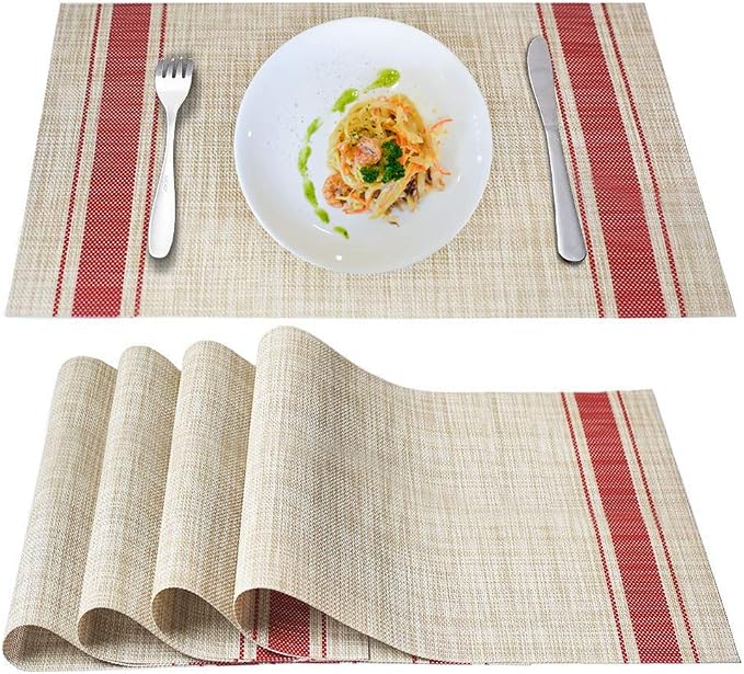 Table Mats Set of 6 Crossweave Woven Vinyl Placemats Heat Resistant Non-Slip Kitchen Placemats for Dining Table Washable Easy to Clean(Red)