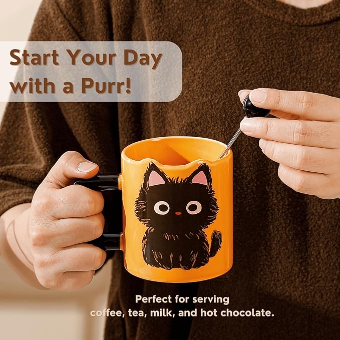 Cute Ceramic Cat Mug with Spoon, 12.8 oz - Kawaii Black Cat Themed Gift for Cat Lovers, Women and Men - Perfect for Coffee, Tea, Milk, and More (Microwave Safe)