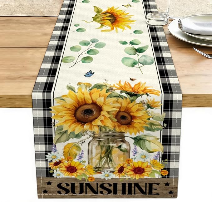 Sunflower Table Runner, Buffalo Floral Table Runners 13x72 inches, Sunflower Living Room Kitchen Dining Decor for Seasons Spring Summer Fall Farmhouse Home Party Indoor Outdoor Decor