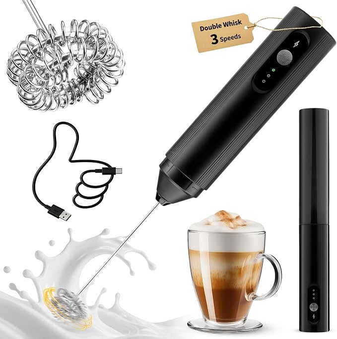 TonJin Rechargeable Milk Frother Handheld with Travel Cover, 3-Speed Adjustable Electric Whisk for Coffee, Latte, Cappuccino, Matcha, Powerful Dual Coil Foam Maker, USB-C Charging Drink Mixer Wand