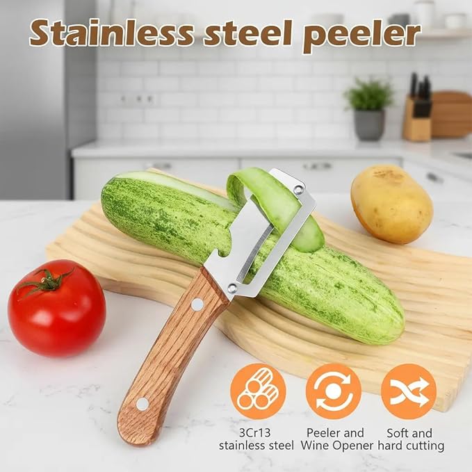 Roselli Wooden-Handled Stainless Steel Shredder And Peeler, Multifunctional Vegetable Peeler, Suitable For Kitchens, Camping, And Travel (2 Peelers)