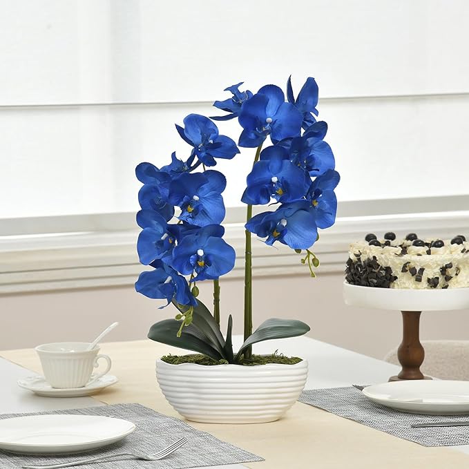 Large Artificial Potted Orchid Plant, Silk Flower Arrangement with Ceramics Vase, Navy Blue