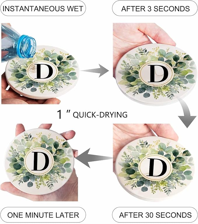 Coasters Set of 4 Letter D Drink Coasters with Holder Absorbent Stone Ceramic Cup Mat Alphabet Green Eucalyptus Leaves Coaster for Drinks Coffee Bar Office Kitchen Cafe Home Decor