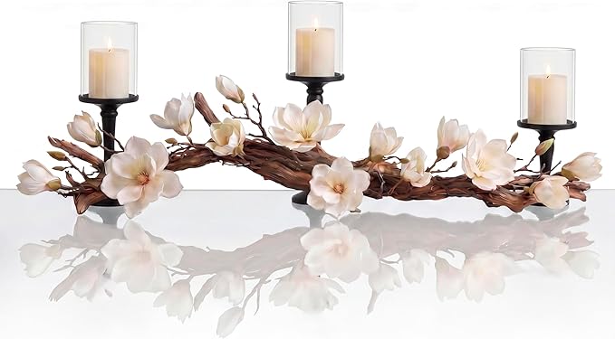 Modern Dining Table Centerpiece, Magnolia Driftwood Candle Holder Set Black