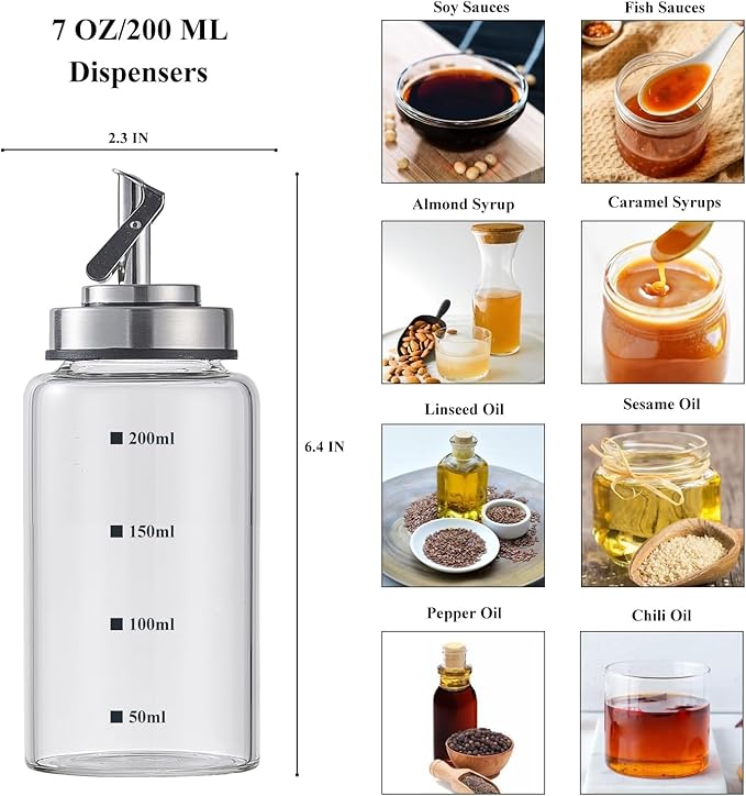 Verdental 7 oz Small Glass Oil Dispenser Bottle for Kitchen Stainless Steel Cruet Pourer Spout for Olive Oil Vinegar Coffee Syrup Soy Sauce Other Liquids with Non-slip Silicone Ring and Labels (200ml)