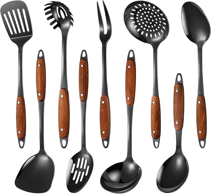 304 Stainless Steel Cooking Utensils Set,9PCS Metal Kitchen Utensils Set with Wooden Handle,Solid Spoon,Spatula,Ladle,Skimmer,Spaghetti Spoon,Dishwasher Safe(Black)