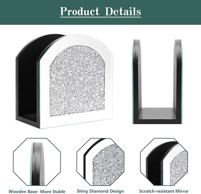 Mirror Napkin Holder with Crushed Diamond, Bling Glass Silver Napkin Holder for Dining Table Kitchen Countertop and Home Décor