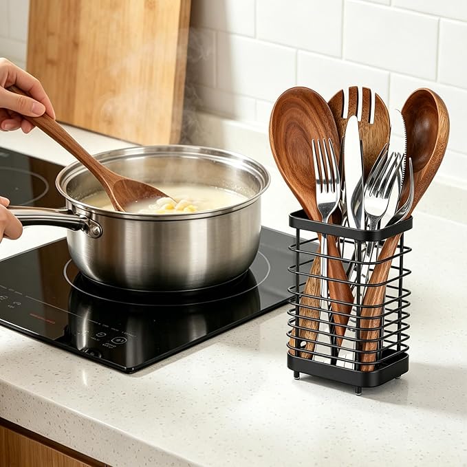 Utensil Holder, Stainless Steel Utensil Drying Rack for Kitchen Counter, Silverware Cutlery Flatware Holder Forks, Knives, Spoons, Chopsticks Organizer (Black)