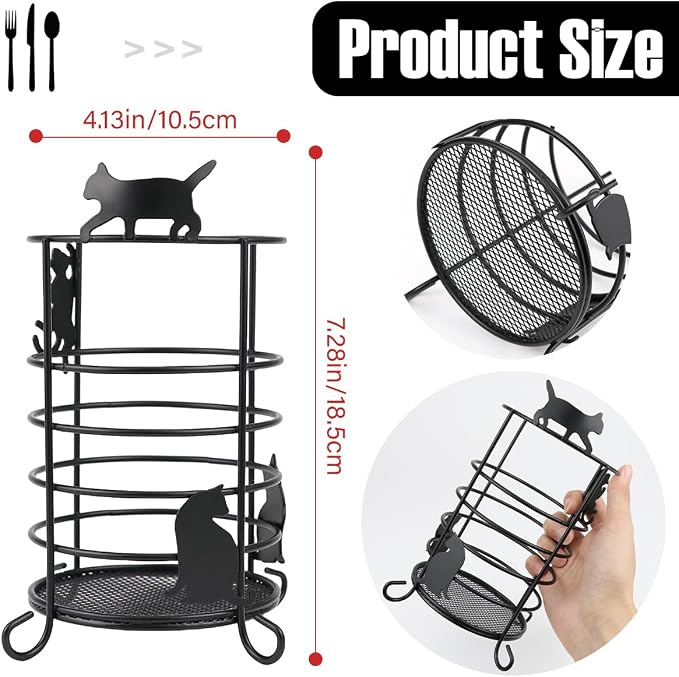 DOERDO Round Metal Utensil Holder for Kitchen Counter, Ventilated Cutlery Caddy with Mesh Base and Cat Design for Rustproof Spoon Spatula Whisk