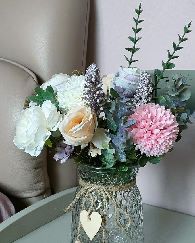 3 Pack Set Fake Flowers with Vase, Faux Peony Silk Flowers for Home Decor,Fake Flowers with Vase for Coffee Table Decor,Living Room Bathroom Plant Decor, Centerpiece Table Decorations
