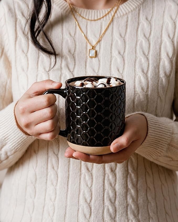 GBhome Large Coffee Mugs Set of 4, 16oz Handmade Stoneware Coffee Mugs Set with Large Handle for Cappuccino/Latte/Tea/Hot Cocoa, Dishwasher & Microwave Safe, Black