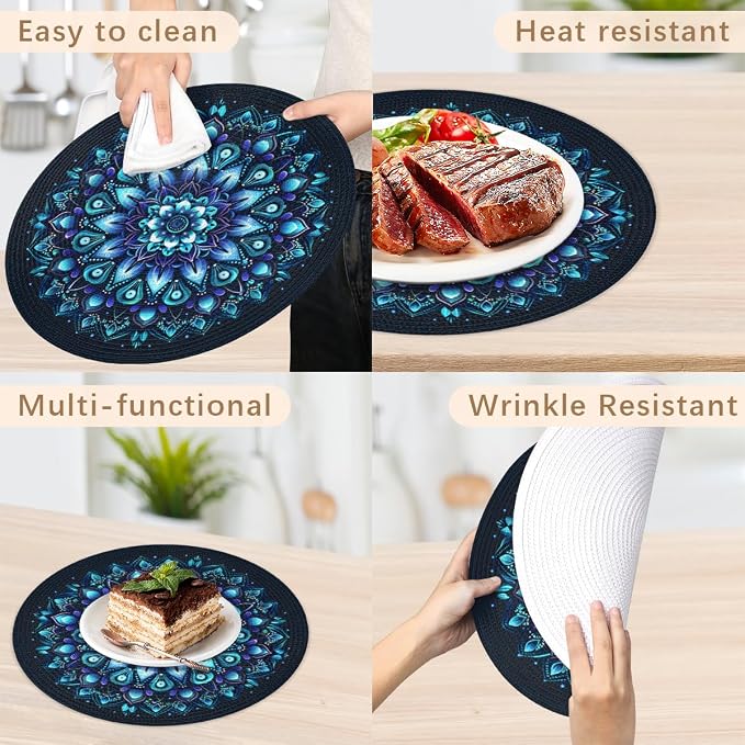 Round Placemats Set of 6, Ethnic Mandala Flower Teal Woven Placemats Mats Non-Slip Heat Resistant Washable Table Mats Round Braided Place for Farmhouse Kitchen Dining Party Decor 15in