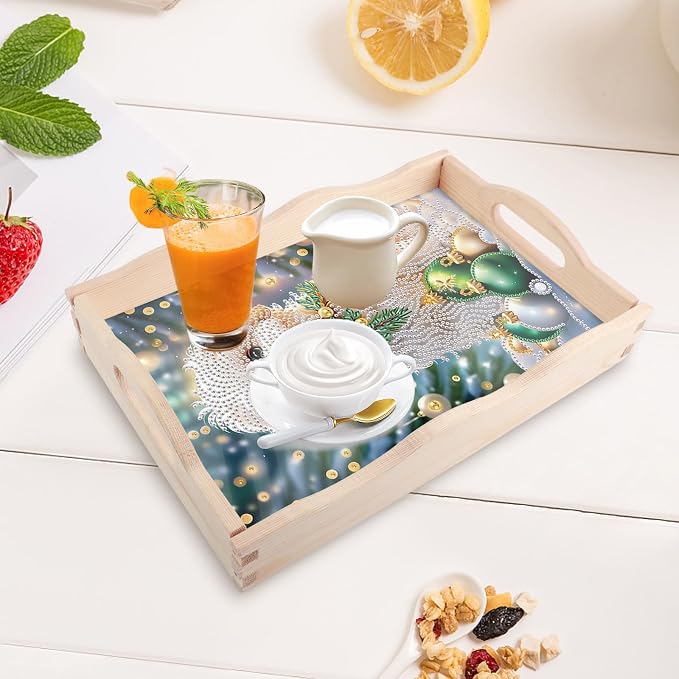 DIY Diamond Serving Tray Rectangular Breakfast Tray with Handle Handmade Diamond Art Painting Wooden Tray for Dinner Plate Coffee Room Living Home Organizer-Puppy