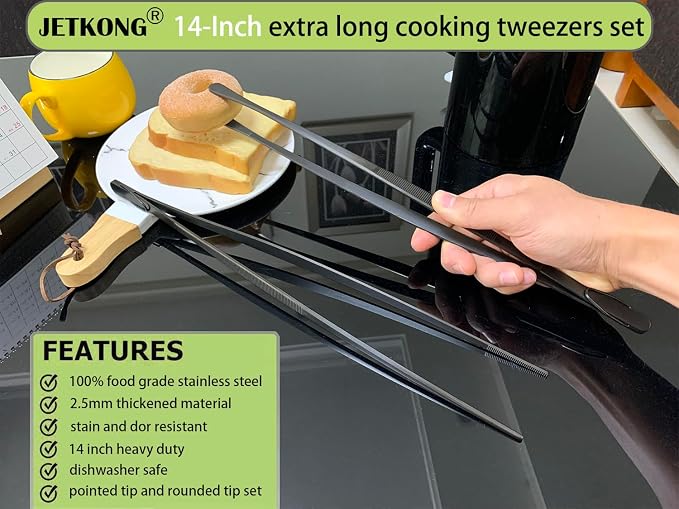 JETKONG 2 Pcs 14-Inch Food Tweezer Tongs Extra Long Stainless Steel Kitchen Tweezer Cooking Tweezers (Black)
