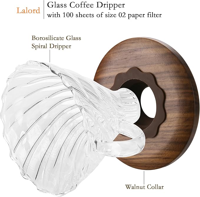 Lalord Pour Over Coffee Dripper with 100 pcs of Size 02 Paper Filter, Borosilicate Glass & Walnut Collar, Drip Coffee Maker, 1-3 Cups, Clear (Coffee Dripper)