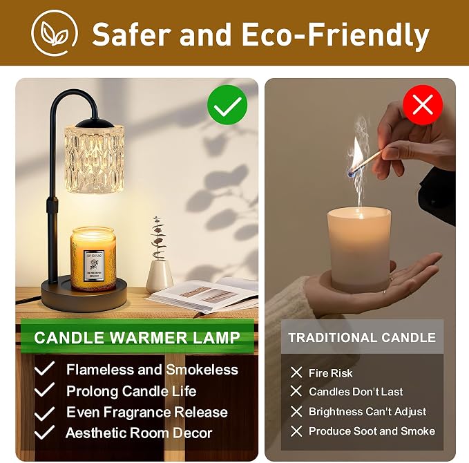 Briever Dimmable Candle Warmer Lamp with Timer, Height Adjustable Electric Candle Wax Warmer, Christmas Birthday Gifts for Women Mom, House Warming Gifts New Home Decor, Black Base with Glass Shade