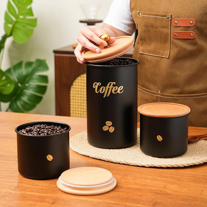 Coffee Canister, 3 pack Large Airtight Coffee Bean Storage Container, Café Grounds Container, Cafe Jar Cafe Holder, Food Storage Container for Flour, Sugar, Tea (Black)