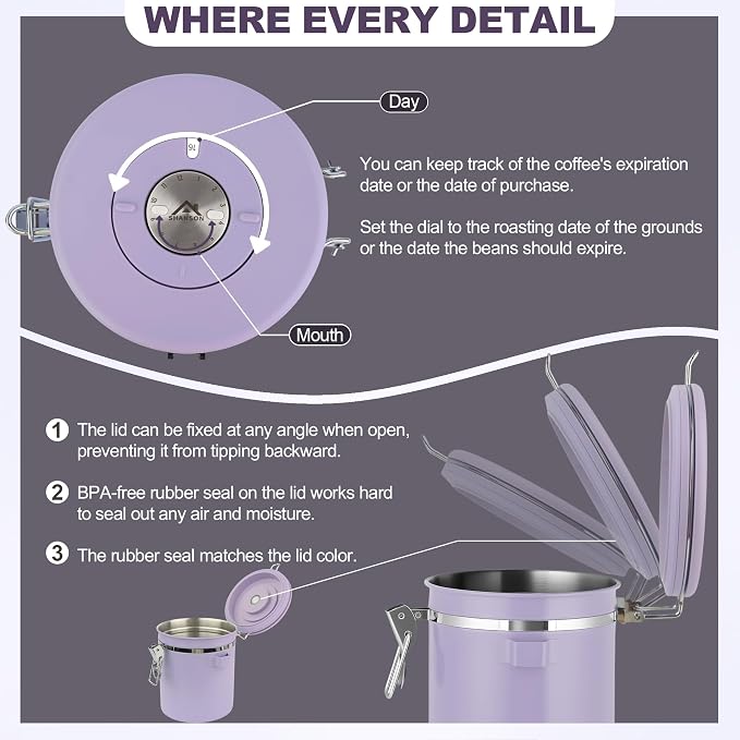 ShanSon Coffee Canister Airtight, Stainless Steel Bean Storage Container with Date Tracker & Scoop, Grounds Sugar Flour Tea Cereal Fits Kitchen Pantry, Ideal Gift for Coffee Lovers,22oz, Purple