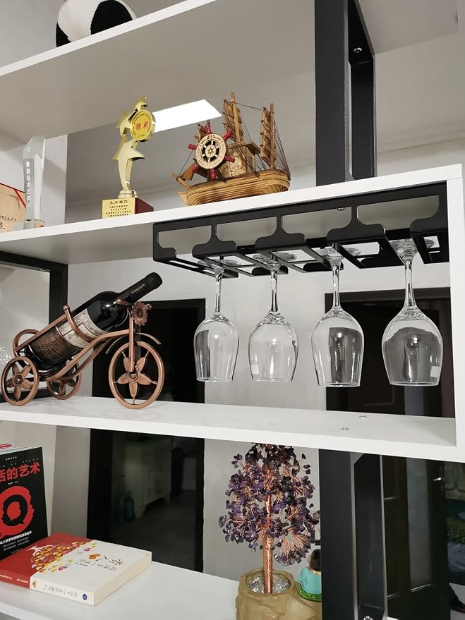 41cm/16in Modern Metal Wine Glass Holder - Under Cabinet Stemware Hanging Rack - Wine Glass Storage Organizer Rack, 4 Row (Color : White)