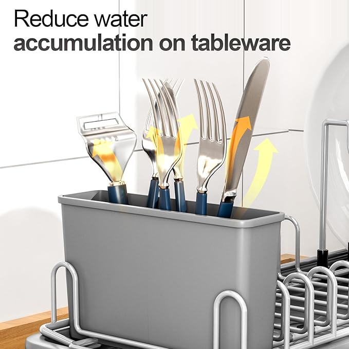 Compact Dish Drying Rack with Utensil Holder – Small Countertop Dish Drainer with 360° Rotating Drain Spout, Stainless Steel Dish Rack for Kitchen Sink, Space-Saving Design for Small Kitchen , Grey