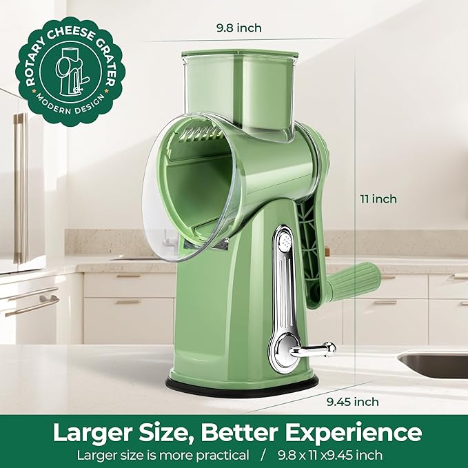 SUSTEAS Rotary Cheese Grater with Handle - Vegetable Shredder with 5 Well-designed Blades & Strong Suction Base,Round Mandoline Slicer & Food Chopper for Kitchen,with Blade Storage Box(Retro Green)
