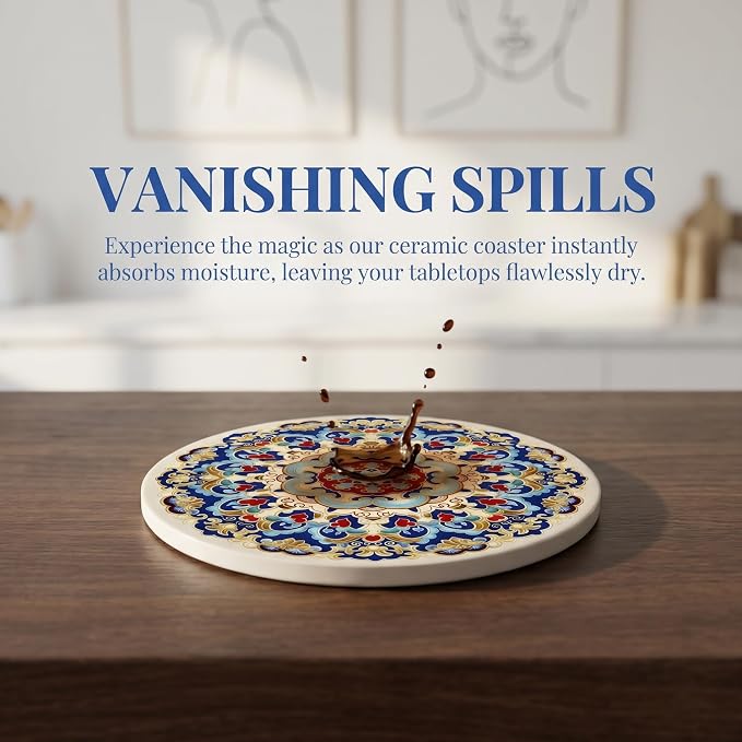 Ceramic Coasters Set of 4 with Cork Base, Absorbent Drink Coaster for Home Decors, Non-Slip Decorative Coasters for Coffee, Wine, Tea Cups, 4 Inch Round Blue Vintage Pattern