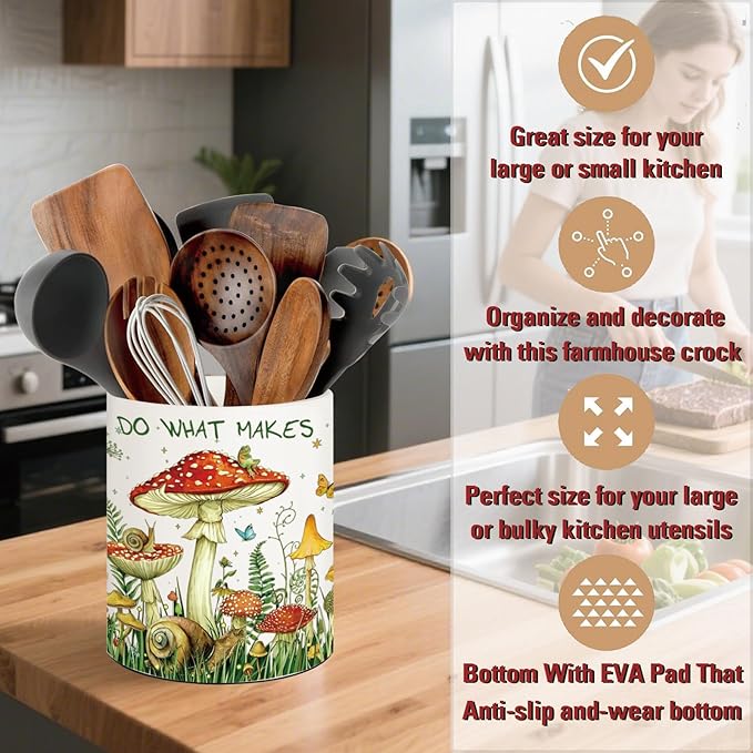 Mushroom Kitchen Decor, 6.5inch Ceramic Utensil Holder with Mushroom Design, Rustic-Style Indoor Kitchen Utensil Storage Rack, Ideal for Spoon Storage and Cooking Tools, Gift for Kitchen Organizers