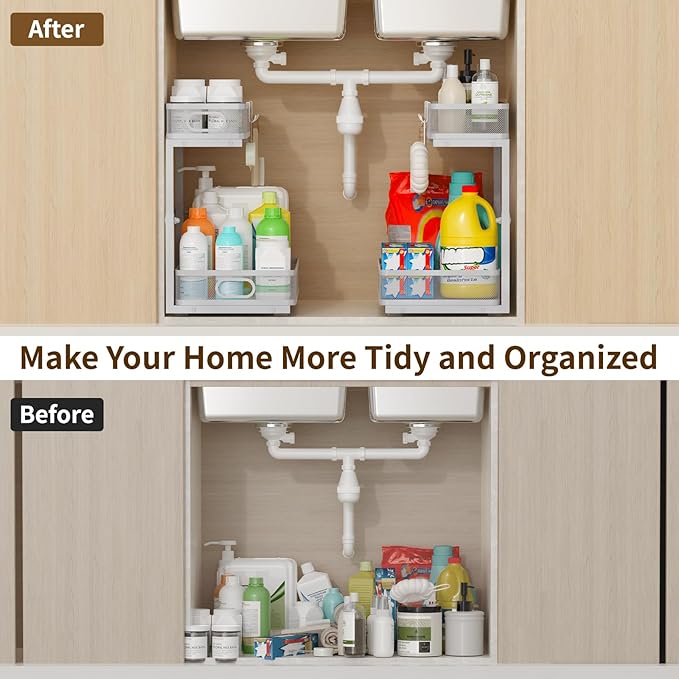 Under Sink Organizer 1 Pack, 2-Tier Slide Out Cabinet Organizer with Metal Sliding Drawer and Hooks, Pull Out Storage Baskets for Kitchen Bathroom Pantry Cabinet Organization (Gray (1 pack))