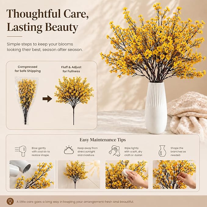 Mandy's Dark Yellow Artificial Baby’s Breath Flowers 6 Bundles Silk Gypsophila, 18.5 Inch European Style Modern Home Decor Centerpiece, Neutral Wedding Flower Arrangements