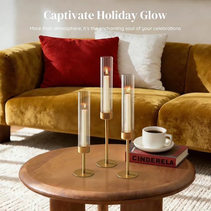 Glasseam Tapered Gold Candlestick Holders: 6 Pcs Tall Brass Taper Candle Holder with Ribbed Glass Cylinder - Hurricane Fluted Candle Holders for Table Centerpiece Wedding Party Christmas Decorations