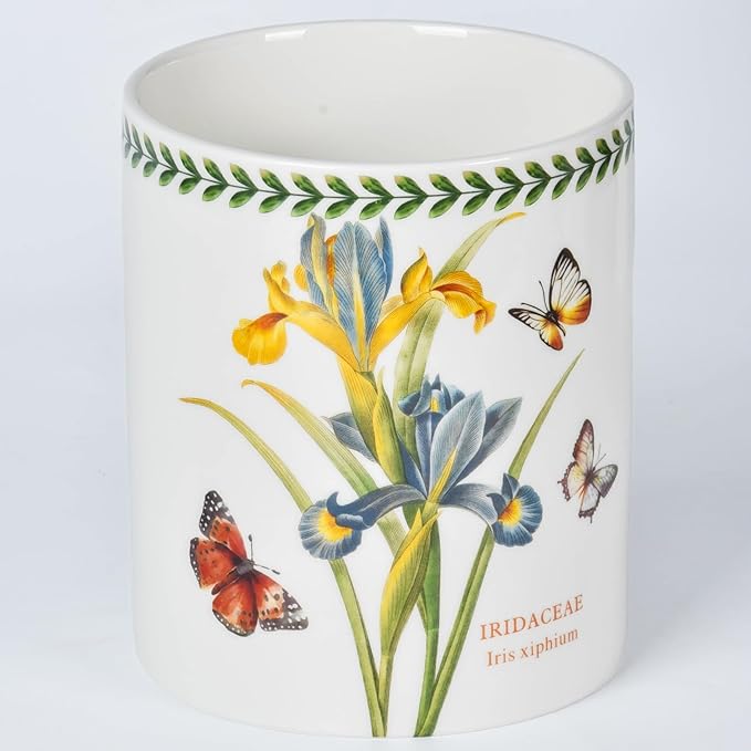 Floral Kitchen Utensil Holder, 7.1 Inch Large Ceramic Crock, Sunflower Pattern, White Kitchen Counter Organizer (iris)