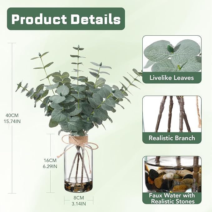 15.74” Artificial Eucalyptus Stems in Glass Vase with Faux Water & Natural Stones, Lifelike Fake Greenery for Modern Farmhouse Home Decor, Bathroom Decor, Office Desk Centerpiece