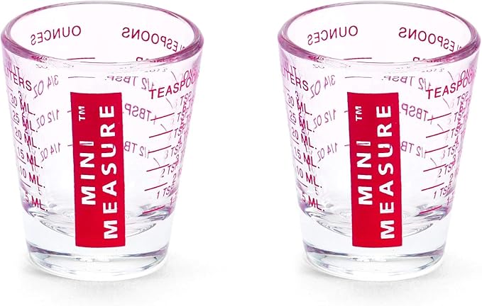 Kolder Mini Measure Multi-Purpose Shot Glass, Heavyweight Glass, Red, Set of 2, For Liquid And Dry Ingredients And Precise Recipe Prep