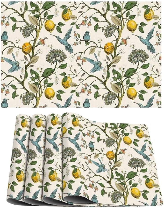 Boho Floral Hummingbird Placemats Set of 4 Vintage William Morris Washable Heat Resistant Place Mats for Dining Table Rustic Lemon Tree Sunflower Print Linen Woven Wipeable Kitchen Table Mat