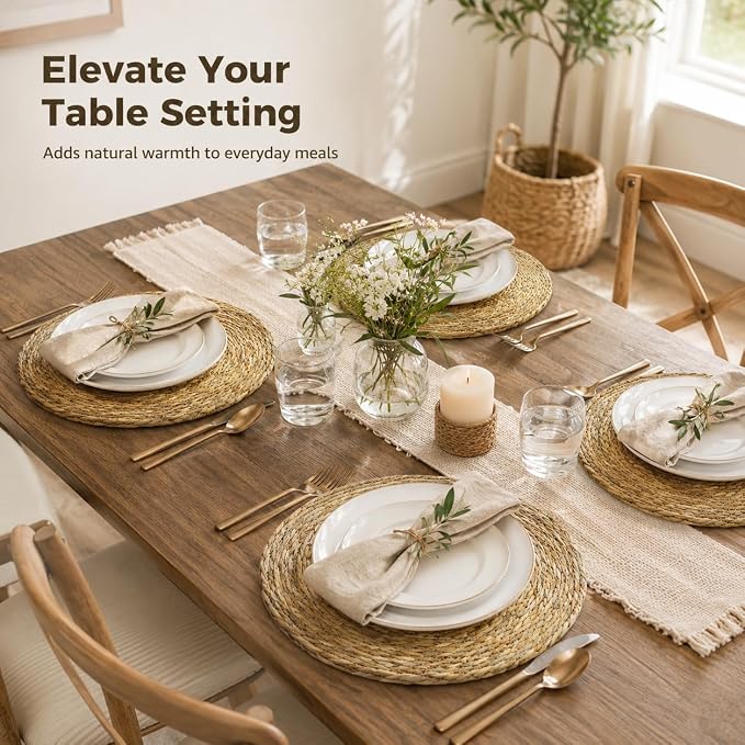 Woven Placemats Set of 6 with Water Hyacinth Basket, Round Natural Handwoven Place Mats Heat Resistant Table Mats for Dining Table Farmhouse Boho Kitchen Table Decor