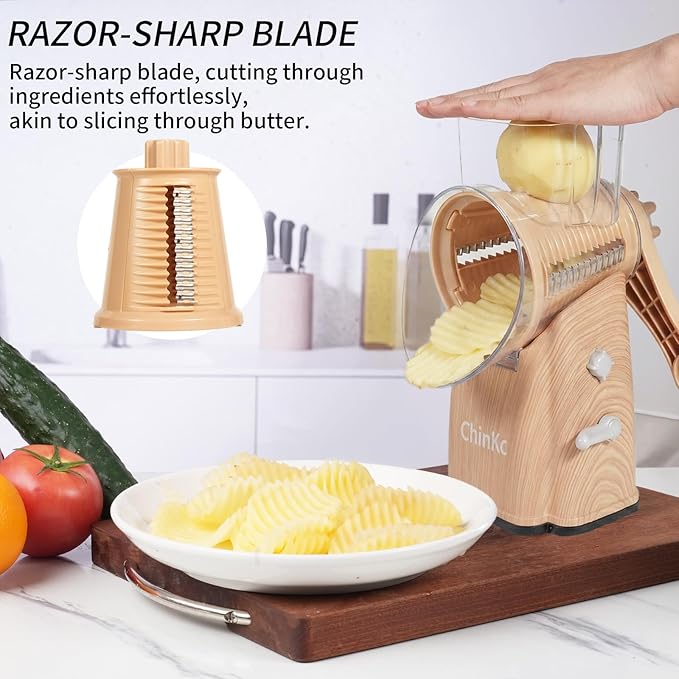 Upgrade Rotary Cheese Grater Shredder with Handle, Strong Suction Base, Multi-purpose Rotary Grater Slicer with 5 Interchangeable Blades for Ice, Vegetables, Fruit, Nuts with Blade Storage Box